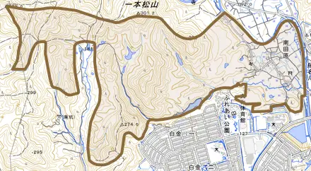 南田原とその周辺の地図。町の範囲を重ねている