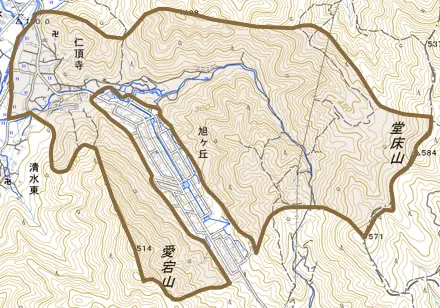 仁頂寺とその周辺の地図。町の範囲を重ねている