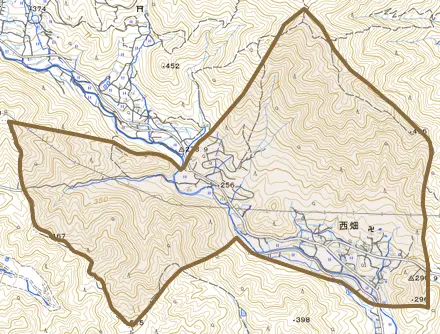 西畑とその周辺の地図。町の範囲を重ねている