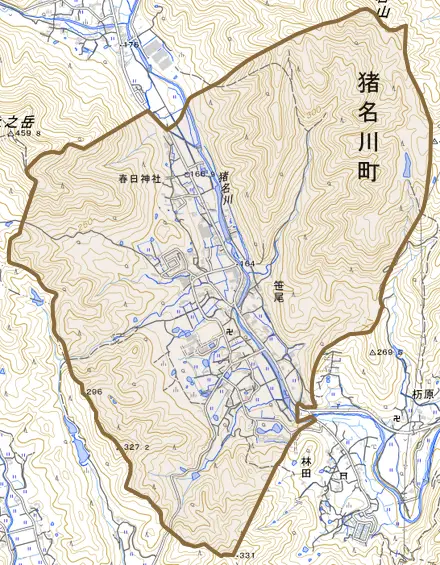 笹尾とその周辺の地図。町の範囲を重ねている