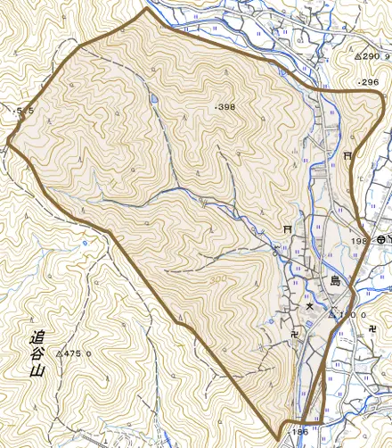 島とその周辺の地図。町の範囲を重ねている
