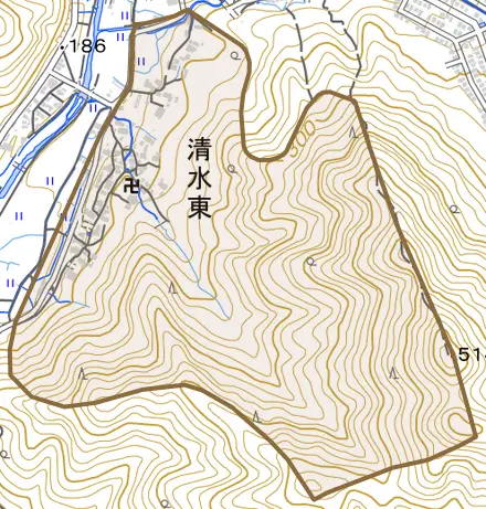 清水東とその周辺の地図。町の範囲を重ねている