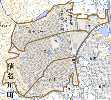 白金とその周辺の地図。町の範囲を重ねている