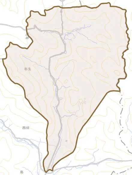 杉生とその周辺の地図。町の範囲を重ねている