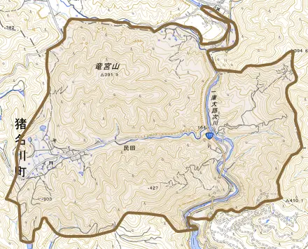 民田とその周辺の地図。町の範囲を重ねている