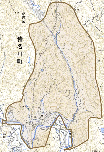 杤原とその周辺の地図。町の範囲を重ねている