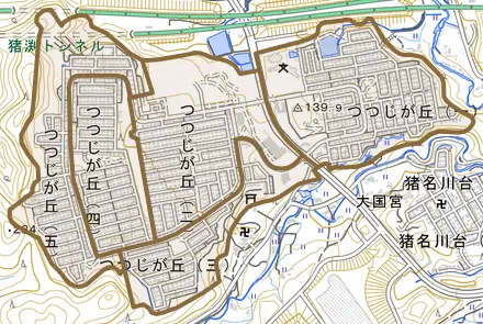 つつじが丘とその周辺の地図。町の範囲を重ねている