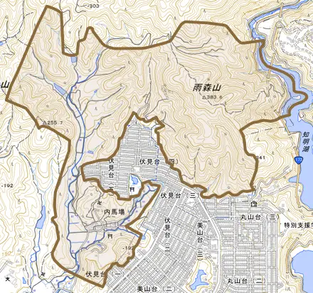 内馬場とその周辺の地図。町の範囲を重ねている