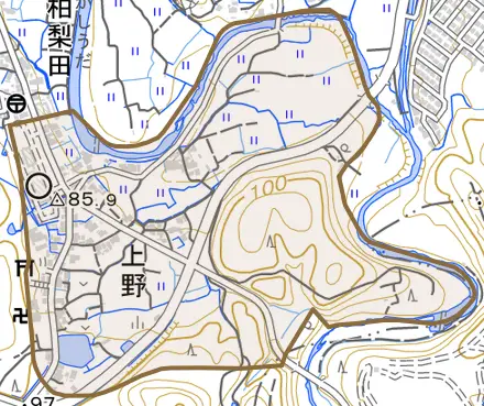 上野とその周辺の地図。町の範囲を重ねている