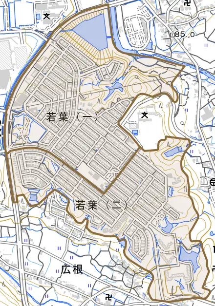 若葉とその周辺の地図。町の範囲を重ねている