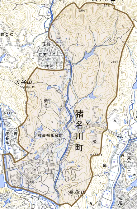 紫合とその周辺の地図。町の範囲を重ねている