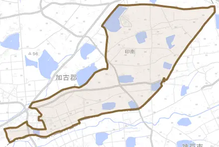 印南とその周辺の地図。町の範囲を重ねている