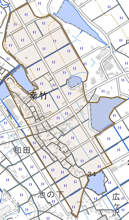 幸竹とその周辺の地図。町の範囲を重ねている