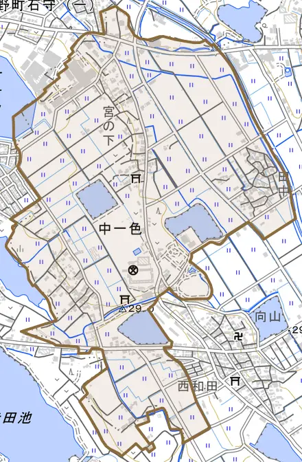 中一色とその周辺の地図。町の範囲を重ねている