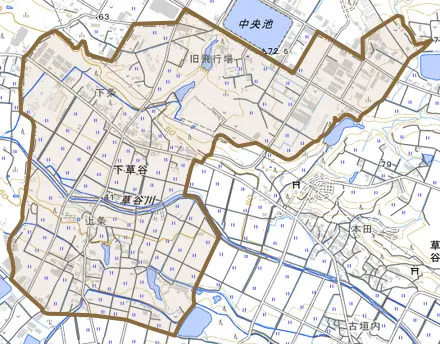 下草谷とその周辺の地図。町の範囲を重ねている