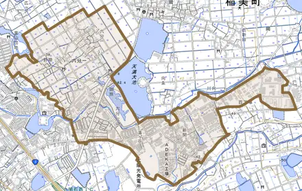 六分一とその周辺の地図。町の範囲を重ねている