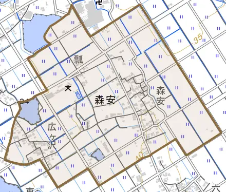 森安とその周辺の地図。町の範囲を重ねている