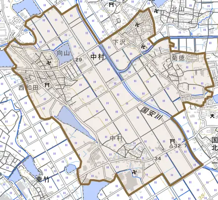 中村とその周辺の地図。町の範囲を重ねている