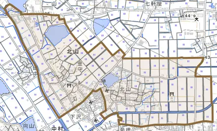北山とその周辺の地図。町の範囲を重ねている