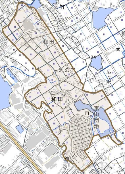 和田とその周辺の地図。町の範囲を重ねている