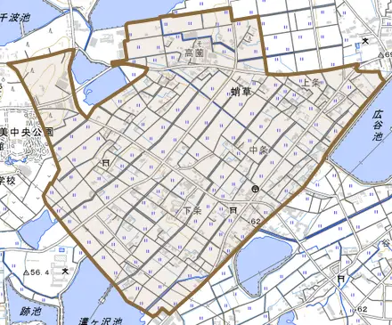 蛸草とその周辺の地図。町の範囲を重ねている