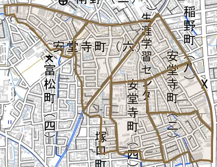 安堂寺町とその周辺の地図。町の範囲を重ねている