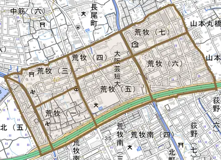 荒牧とその周辺の地図。町の範囲を重ねている