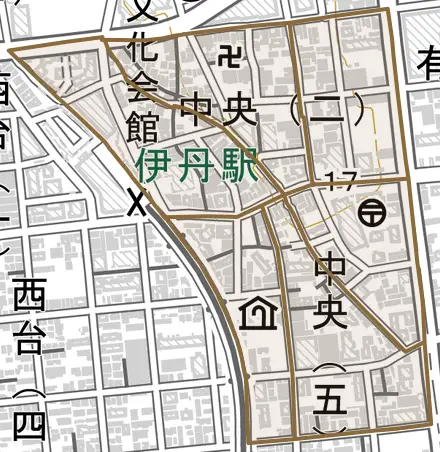 中央とその周辺の地図。町の範囲を重ねている