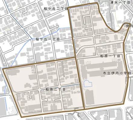 船原とその周辺の地図。町の範囲を重ねている