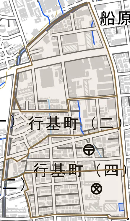 行基町とその周辺の地図。町の範囲を重ねている