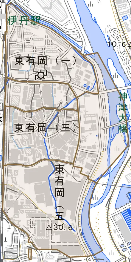 東有岡とその周辺の地図。町の範囲を重ねている