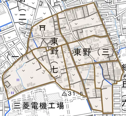 東野とその周辺の地図。町の範囲を重ねている
