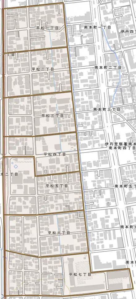 平松とその周辺の地図。町の範囲を重ねている