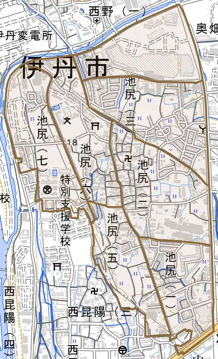 池尻とその周辺の地図。町の範囲を重ねている