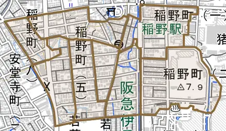 稲野町とその周辺の地図。町の範囲を重ねている