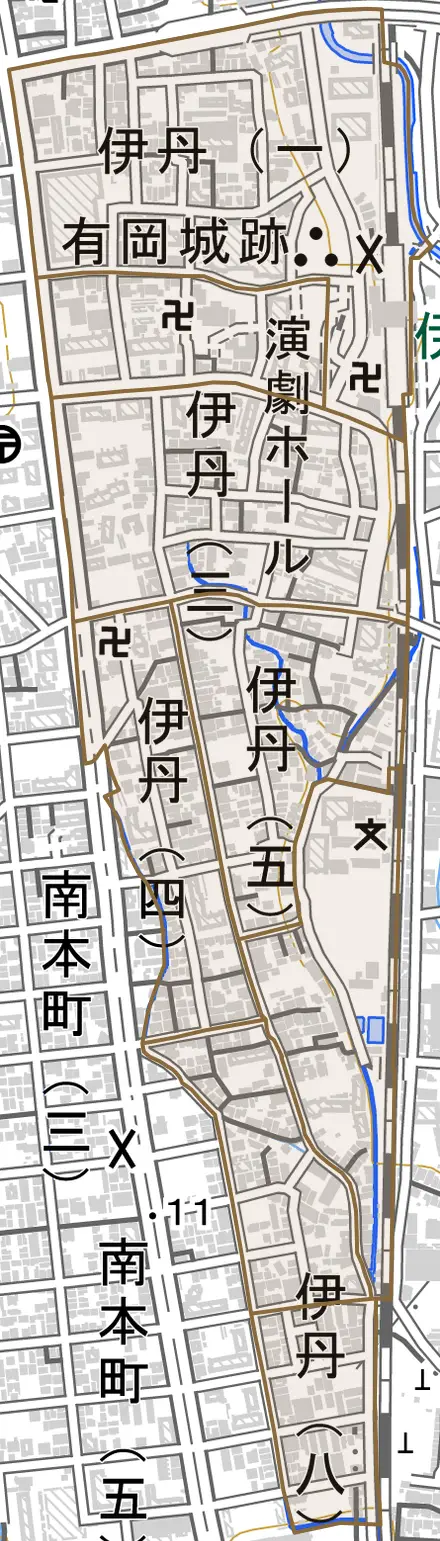 伊丹とその周辺の地図。町の範囲を重ねている
