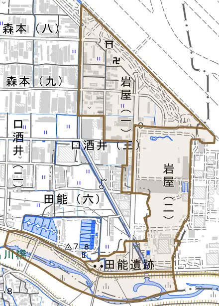 岩屋とその周辺の地図。町の範囲を重ねている