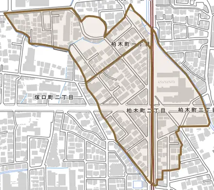 柏木町とその周辺の地図。町の範囲を重ねている
