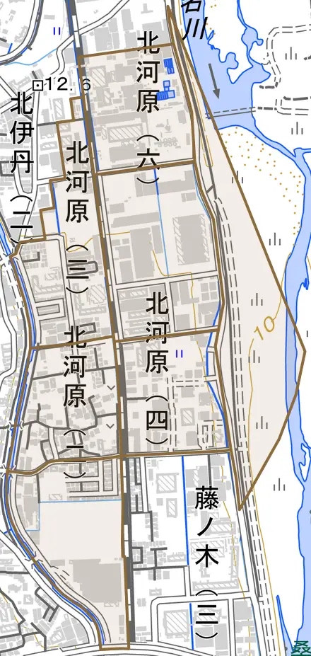 北河原とその周辺の地図。町の範囲を重ねている