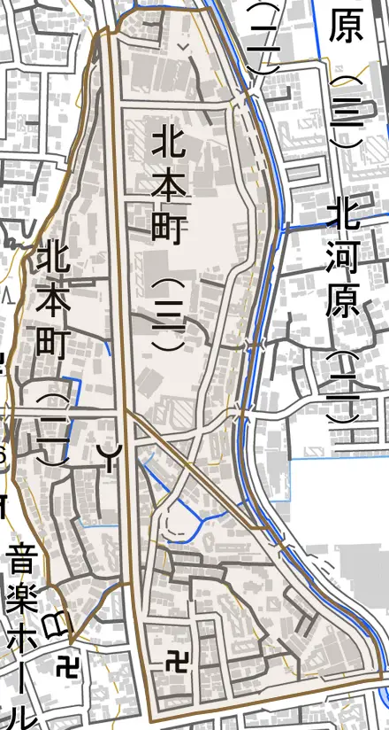 北本町とその周辺の地図。町の範囲を重ねている