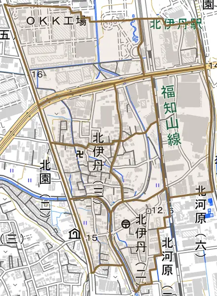 北伊丹とその周辺の地図。町の範囲を重ねている