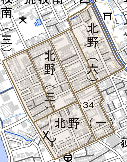 北野とその周辺の地図。町の範囲を重ねている