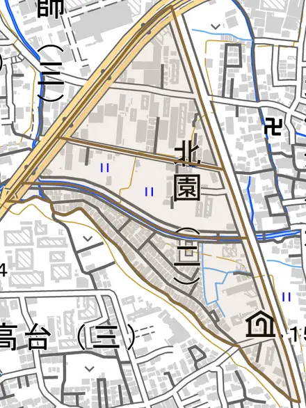 北園とその周辺の地図。町の範囲を重ねている
