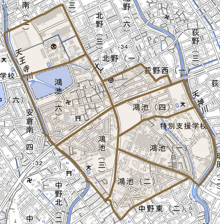 鴻池とその周辺の地図。町の範囲を重ねている