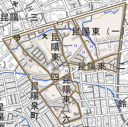 昆陽東とその周辺の地図。町の範囲を重ねている