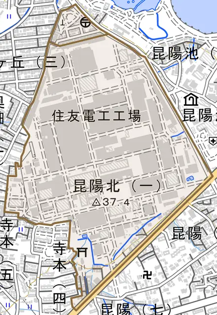 昆陽北とその周辺の地図。町の範囲を重ねている