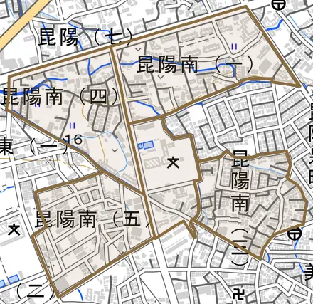 昆陽南とその周辺の地図。町の範囲を重ねている