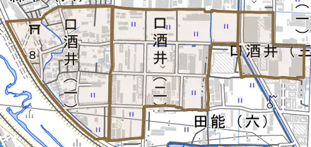 口酒井とその周辺の地図。町の範囲を重ねている