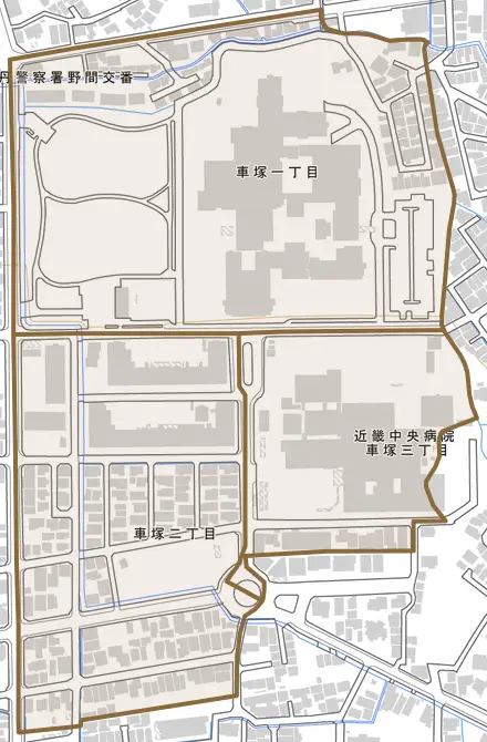 車塚とその周辺の地図。町の範囲を重ねている