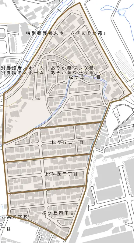 松ケ丘とその周辺の地図。町の範囲を重ねている